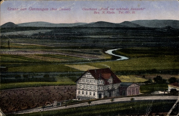 Postcard Gensungen Felsberg Hessen, guest house park with beautiful view, half-timbered house, panorama
