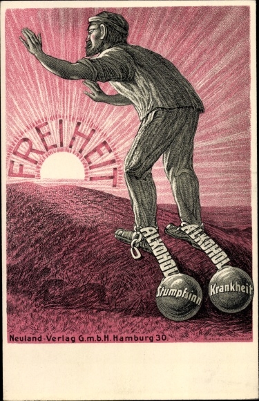 Postcard anti-alcohol, workers in shackles, dullness, disease, freedom