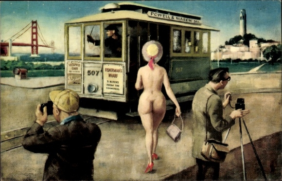 Ak Männer mit Fotoapparaten, Nackte Frau, Straßenbahn Nr. 507