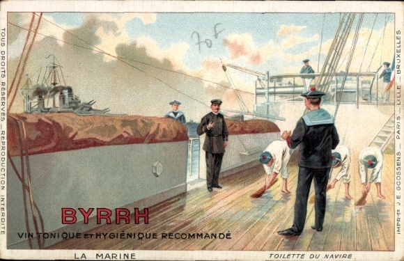 Künstler Ak La Marine, Toilette du Navire, Byrrh, Vin Tonique et Hygiènique, Reklame, Kriegsschiff