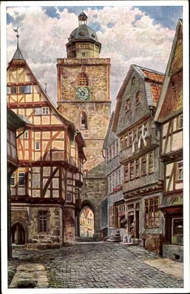 Artist Postcard Lindegreen, K., Alsfeld in Hessen, gate, street section