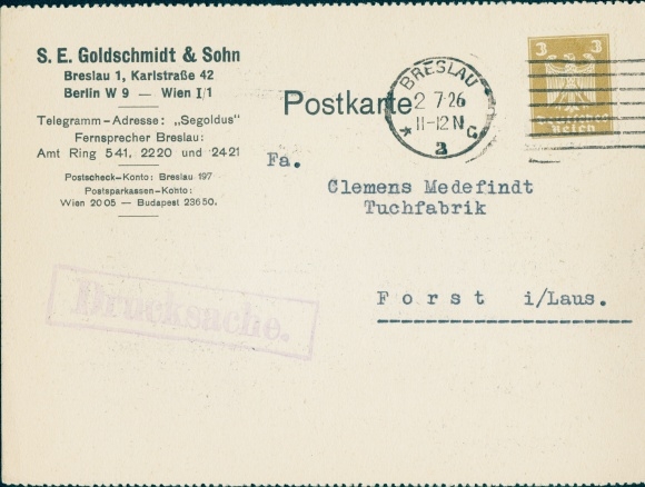 Judaia Ak Wrocław Breslau Schlesien, Brief, S. E. Goldschmidt & Sohn, Karlstraße 42