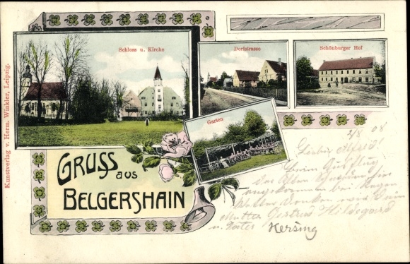 Ak Belgershain, kasteel en kerk, Dorfstrasse, Schönburger Hof