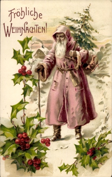 litho Vrolijk Kerstfeest, Kerstman met dennenboom, hulsttakken
