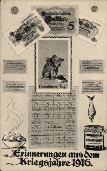 Artist Postcard Memories from the war year 1916, Meatless Day, Food Stamps