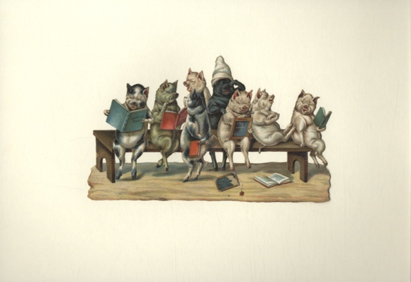 Wafer humanized pigs with slates and books on (school) bench, approx. 10.5 x 17 cm