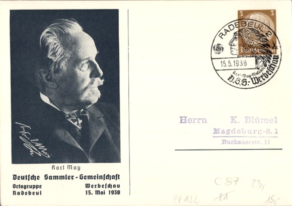 Postal stationery Postcard German Collectors' Association Advertising Show Radebeul 1938, Karl May