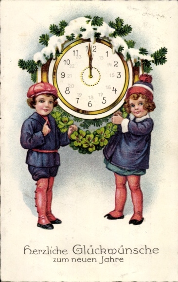 Ak Frohes Neujahr, Kinder mit Uhr