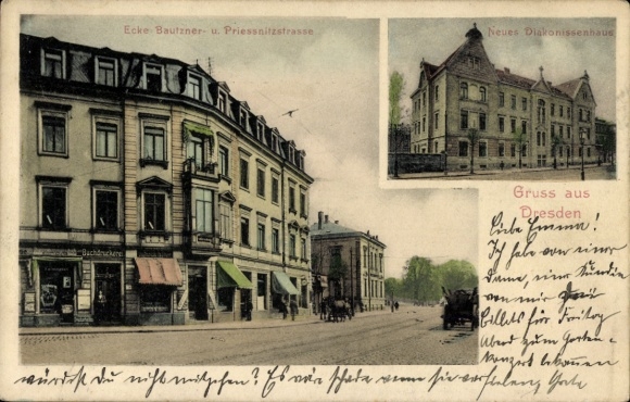 Postcard Dresden Neustadt, Bautzner Straße corner Prießnitzstraße, shops, New Deaconess House
