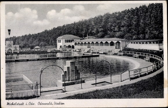 Postcard Michelstadt im Odenwald, Odenwald Stadium, swimming pool