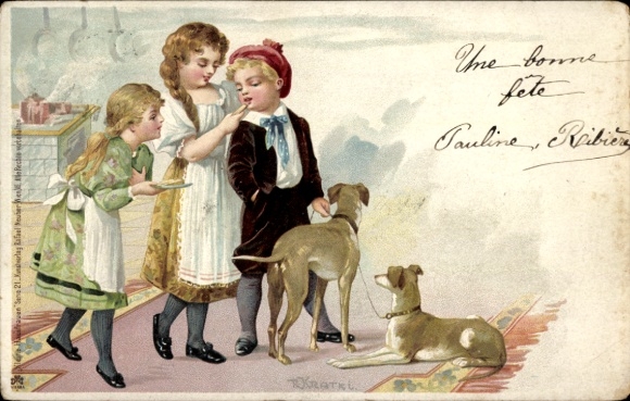 Artist Postcard Kratky, Girl and boy with two dogs