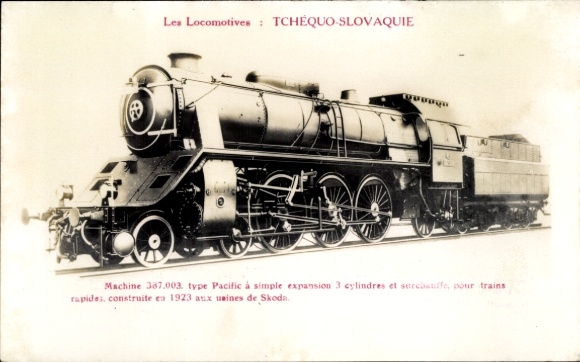 Postcard Czechoslovakian Railway, Machine 387.003, Type Pacific, steam locomotive