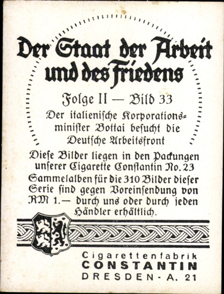 Collection card The State of Labor and Peace, Italian Corporation Minister Bottai, DAF