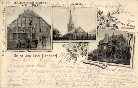 Ak Bad Nenndorf an der Weser, Manufacturwaren-Handlung C. H. Bock, Villa Vehling, Kirche