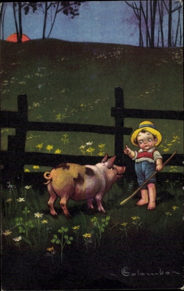 Artist Postcard Colombo, E., Boy with Pig on a Meadow