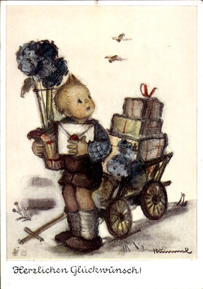 Kunstenaarskaart Hummel, Berta, gefeliciteerd anderen, jongen met cadeautjes en handkar, nr. 5436