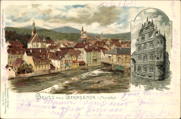 Artist Chromo-Litho Münch, C., Gernsbach im Murgtal Baden Württemberg, town hall