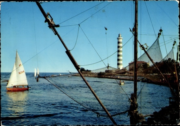 Postcard Lido di Jesolo Veneto, lighthouse, sailing boat
