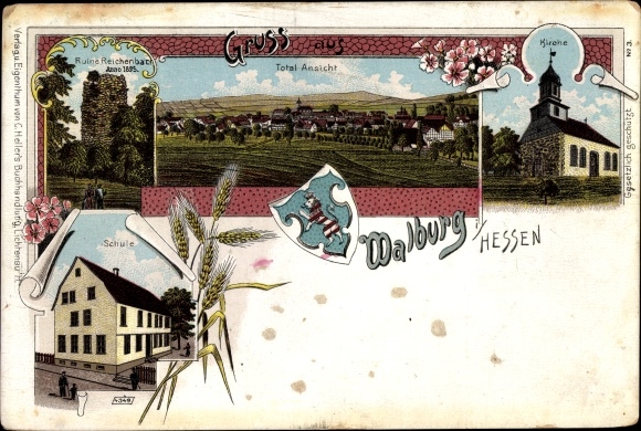 Herb lito Walburg Hessisch Lichtenau w Hesji, ruiny Reichenbach, szkoła, kościół, panorama