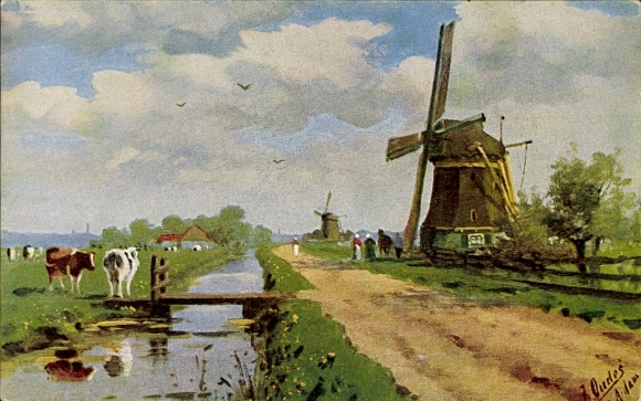 Artist Postcard Oudes, J, windmills, canal, cow pasture