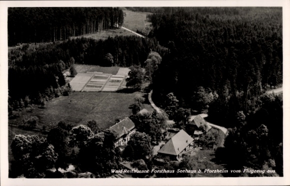 Postcard Pforzheim in the Black Forest, aerial photograph, forest restaurant Forsthaus Seehaus