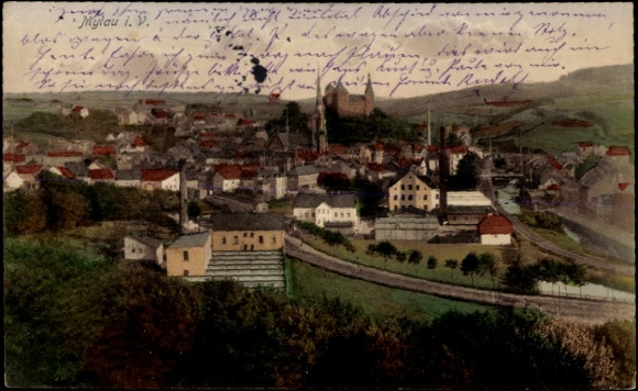 Ak Mylau Reichenbach im Vogtland, Stadtansicht, farbige Ansicht, Gebäude, Hügel, Postkarte