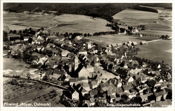 Postcard Pfreimd in the Upper Palatinate, aerial photograph of Bavarian Ostmark, buildings, agricultural fields