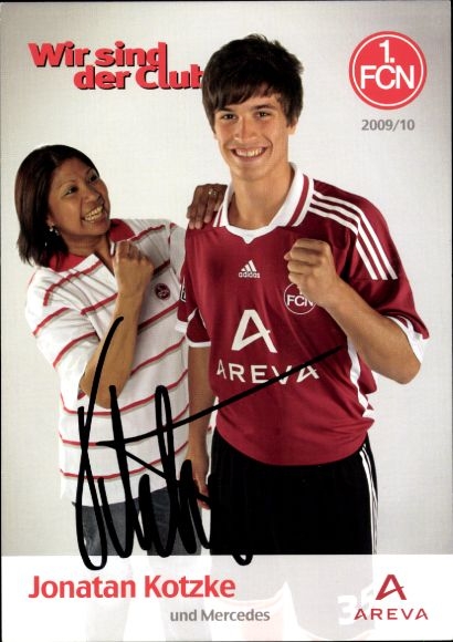 Autograph card footballer Jonatan Kotzke and Mercedes, 1. FC Nuremberg, autograph