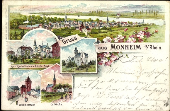 Litho Monnheim Rhein, Schelmenturm, Ev. Kirche, Kath. Kirche, Cecilia Saal, Marienburg, Ort