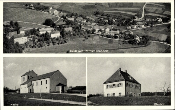 Ak Rathmannsdorf Windorf in Neder-Beieren, luchtfoto, kerk, pastorie