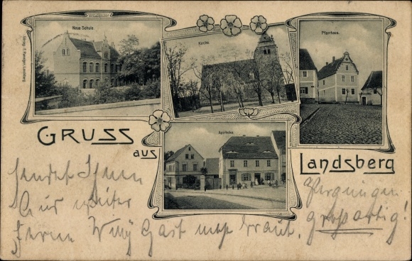 PC Landsberg in the Saalekreis, new school, church, rectory, pharmacy
