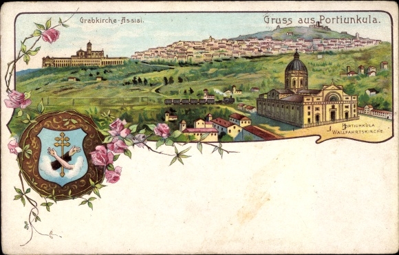 Wappen Litho Assisi Umbria, Grabkirche, Portiuncula, Wallfahrtskirche, Dampflok