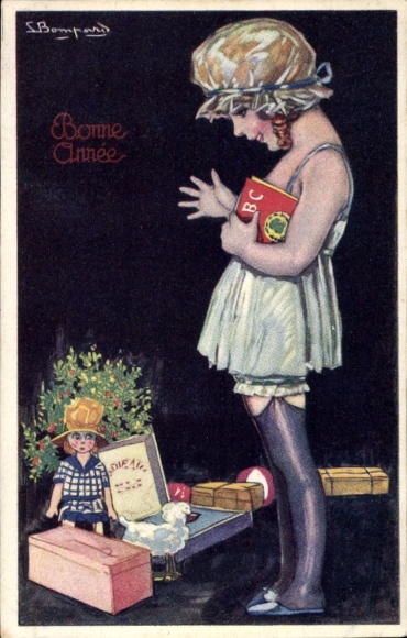 Artist Postcard Bompard, Sergio, Girl standing in front of gifts, Bonne Année