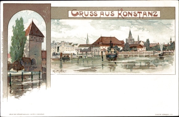 Artist Chromo-Litho Mutter, K., Constance on Lake Constance, city view, tower