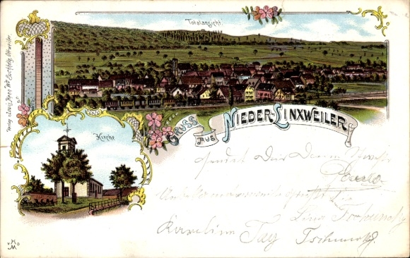 Chromo-Litho Niederlinxweiler St. Wendel in Saarland, general view, church