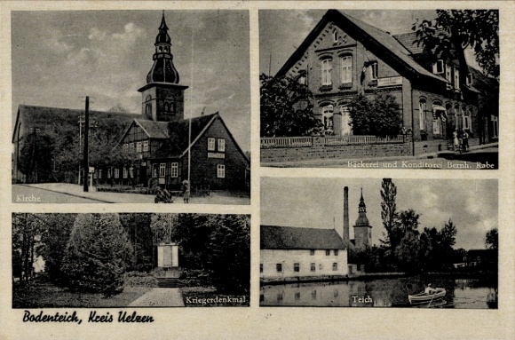 Postcard Bad Bodenteich in the Lüneburg Heath, bakery and confectionery Bernh. Rabe, war memorial, pond