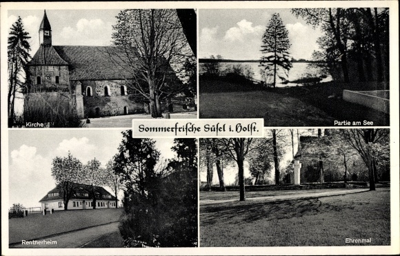 Postcard Süsel in Ostholstein, lot at the lake, memorial, church, retirement home