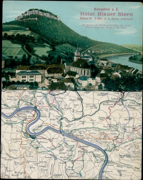 Maps Postcard Königstein an der Elbe Saxon Switzerland, Panorama, Hotel Blauer Stern