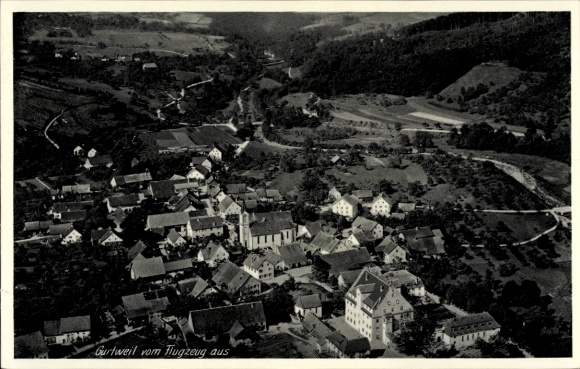 Postcard Gurtweil Waldshut Tiengen am Hochrhein, aerial view of river landscape, rural surroundings