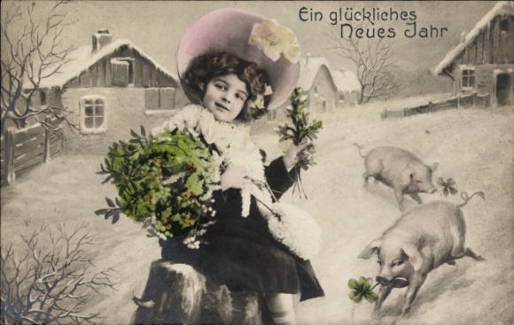 Postcard Happy New Year, girl, pigs, clover