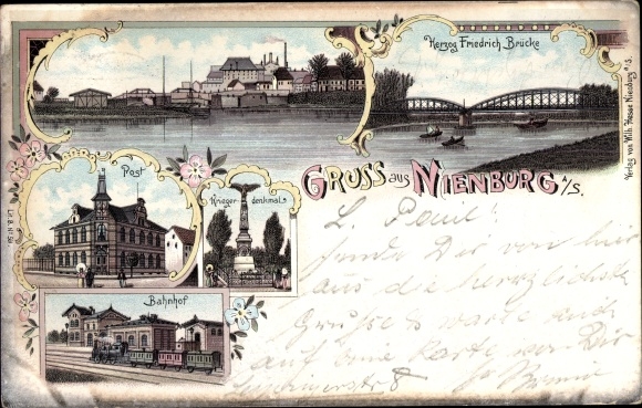 Chromo-Litho Nienburg an der Saale, duke Friedrich bridge, post office, train station, track side, monument