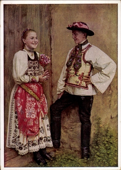 Artist Postcard Retzlaff, Hans, Peasant children from Urwegen in their Sunday best, Transylvanian-Saxon costume