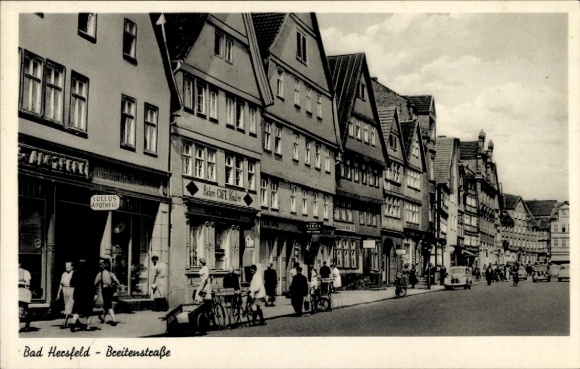 Postcard Bad Hersfeld Hessen, Breitenstraße, Lullus Pharmacy, Bakery, Passers-by