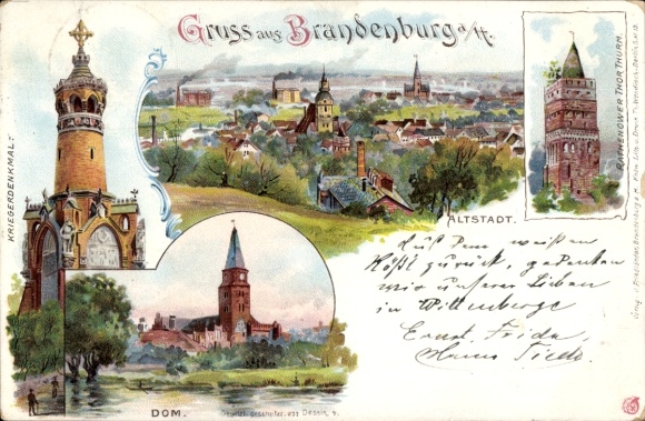 Chromo-Litho Brandenburg an der Havel, Cathedral, Gate Tower, Old Town, War Memorial