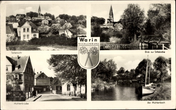 Postcard Warin Mecklenburg, Collegiate Church, Am Mühlenbach, Mühlenbrücke, Panorama