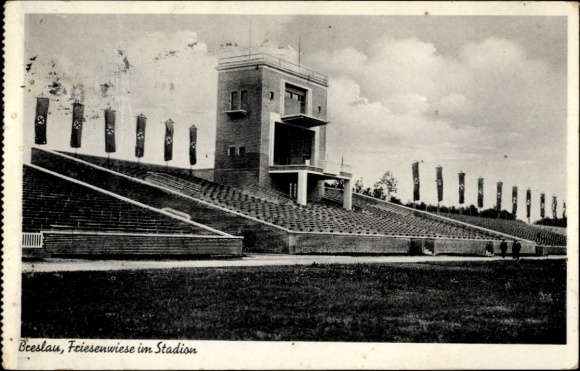 Postcard Wrocław Breslau Silesia, Friesenwiese in the stadium, NS festive decorations