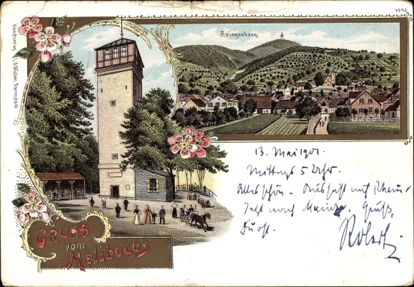 Chromo-Litho Zwingenberg on the Bergstrasse in Hesse, Melibocus, observation tower
