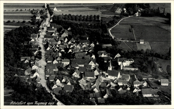 Postcard Adolzfurt Bretzfeld in Württemberg, aerial view of many houses, fields, forests