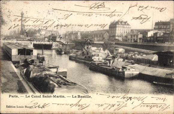 Ak Paris III, uitzicht op het Canal Saint-Martin, boten, La Bastille