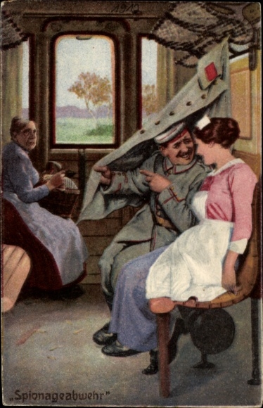 Artist Postcard Counter-espionage, Soldier, Nurse, Railway Compartment, Always Expert